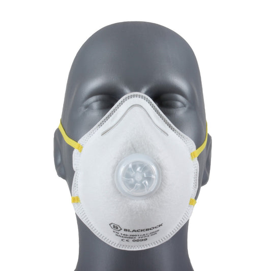 White respirator mask with a valve on a gray mannequin head against a white background